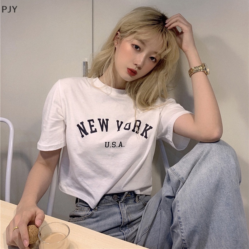 Áo Thun Crop Top Tay Ngắn Cổ Tròn Dáng Rộng In Chữ Thời Trang Mùa Hè Cho Nữ PJ