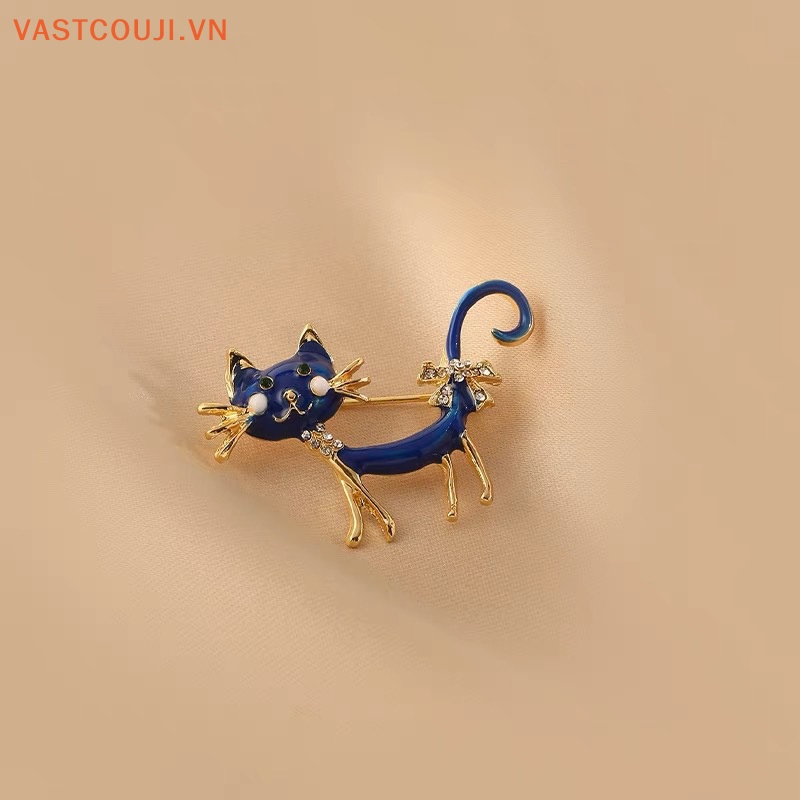 Ghim Cài Áo Hình Mèo Đính Đá Pha Lê Xanh Dương Dễ Thương Phong Cách Hàn Quốc