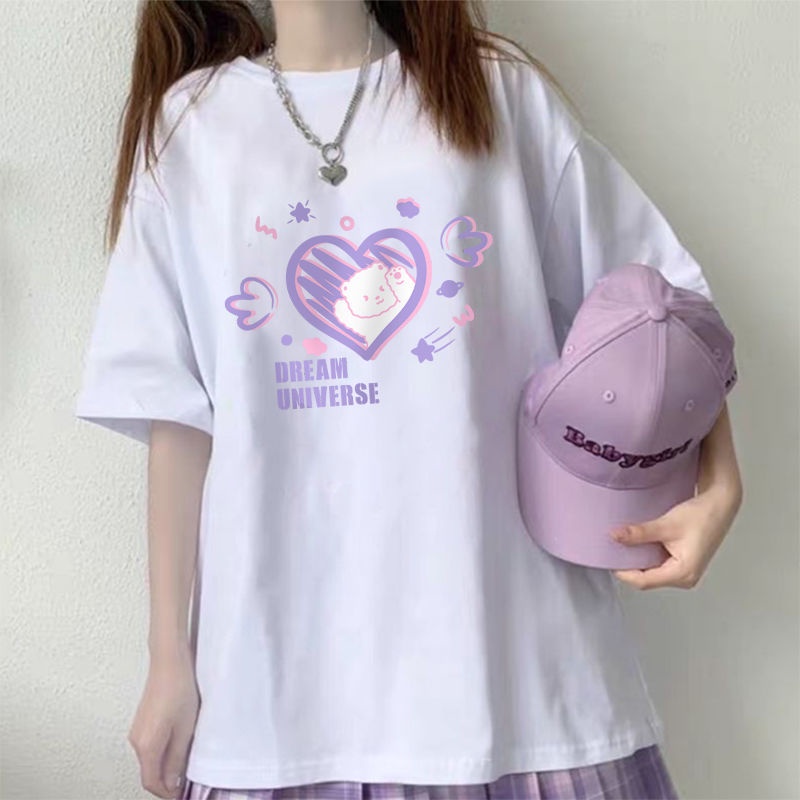 Áo Thun Tay Ngắn Dáng Rộng Màu Đen In Hình Trái Tim Thời Trang Mùa Hè Xinh Xắn Cho Nữ