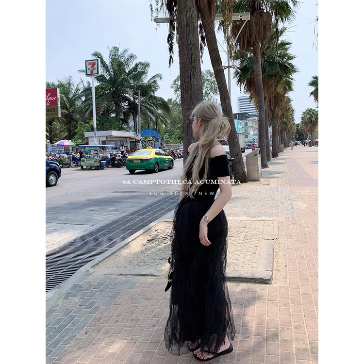 Đầm maxi đen trễ vai phối voan lưới 💖 KÈM ẢNH THẬT