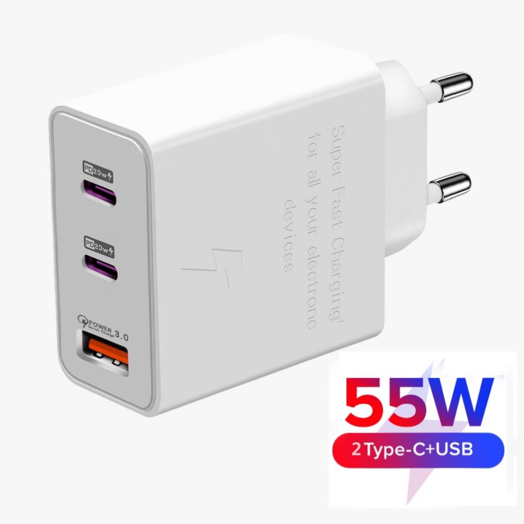 Cốc Sạc Nhanh 3 Cổng USB + Type C QC 3.0 55W Cho Samsung Xiaomi