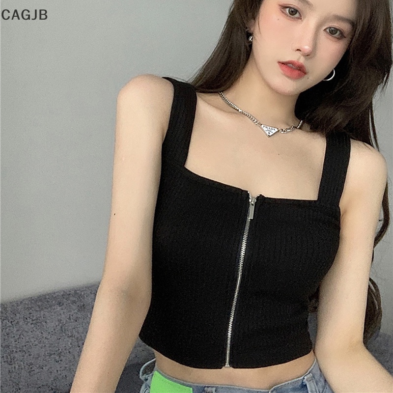 Áo Hai Dây Dệt Kim Màu Trơn Có Khóa Kéo Gợi Cảm Cho Nữ
