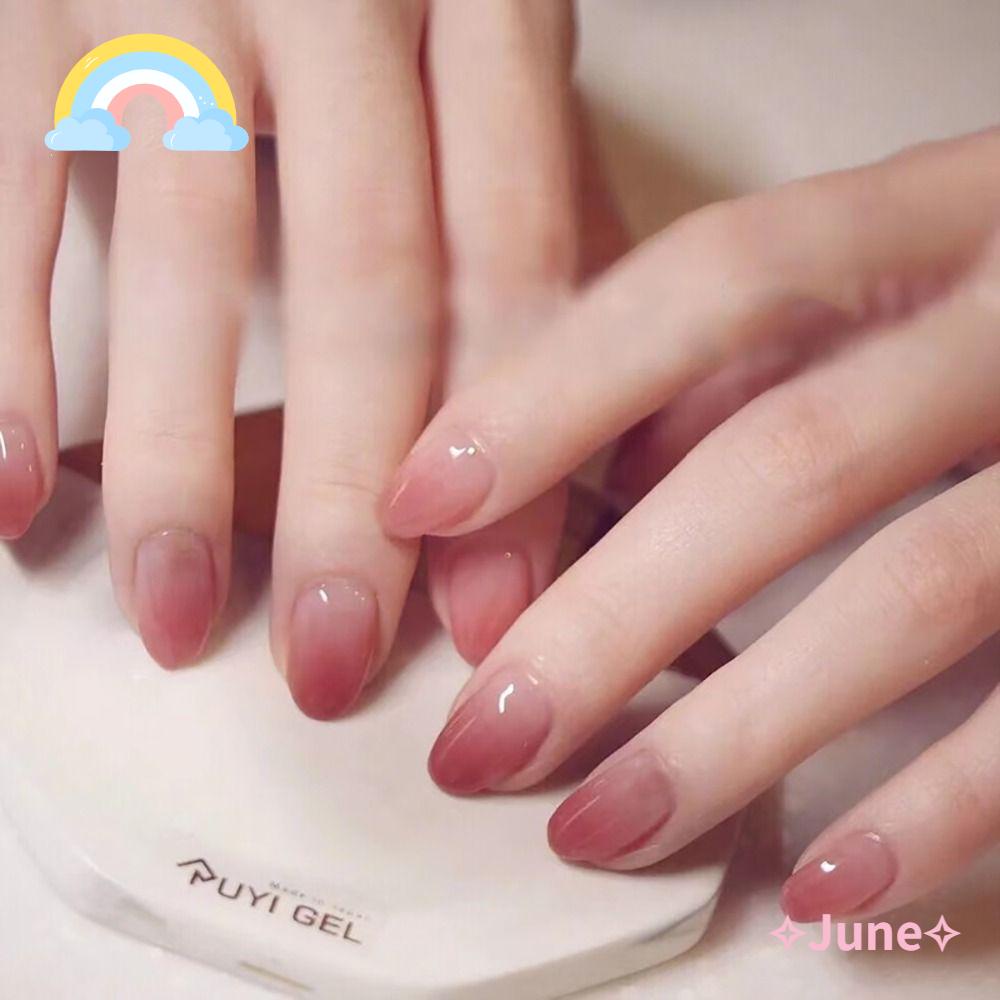 JUNE Bộ Móng Tay Giả Tròn Màu Gradient Phong Cách Pháp Có Thể Tháo Rời Che Phủ Toàn Diện Cho Nữ