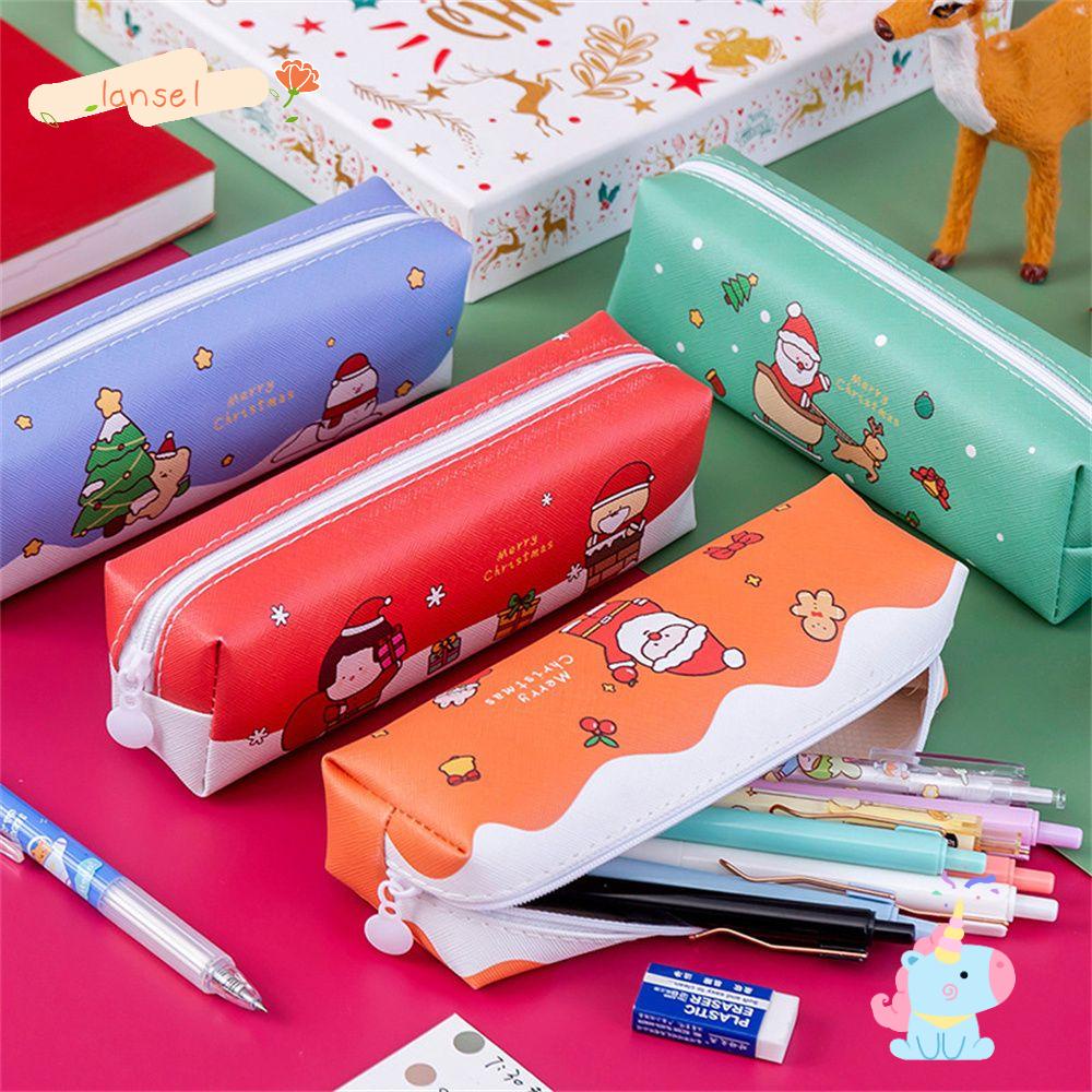 LANSEL Túi Đựng Bút Da Pu Cỡ Lớn Thiết Kế Đơn Giản Phong Cách Giáng Sinh