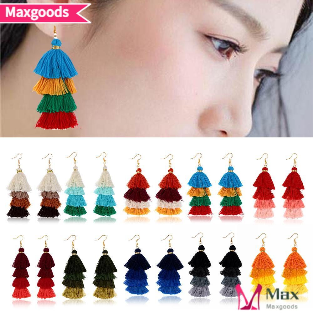 MAXG 1 Cặp Bông Tai Tua Rua Dài Bằng Vải Lụa Nhiều Lớp Màu Gradient Thời Trang