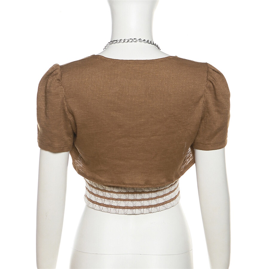 Áo Croptop Tay Ngắn Cổ Yếm Họa Tiết Kẻ Sọc Phối Dây Xích Phong Cách Vintage Thời Trang Mùa Hè Ngọt Ngào