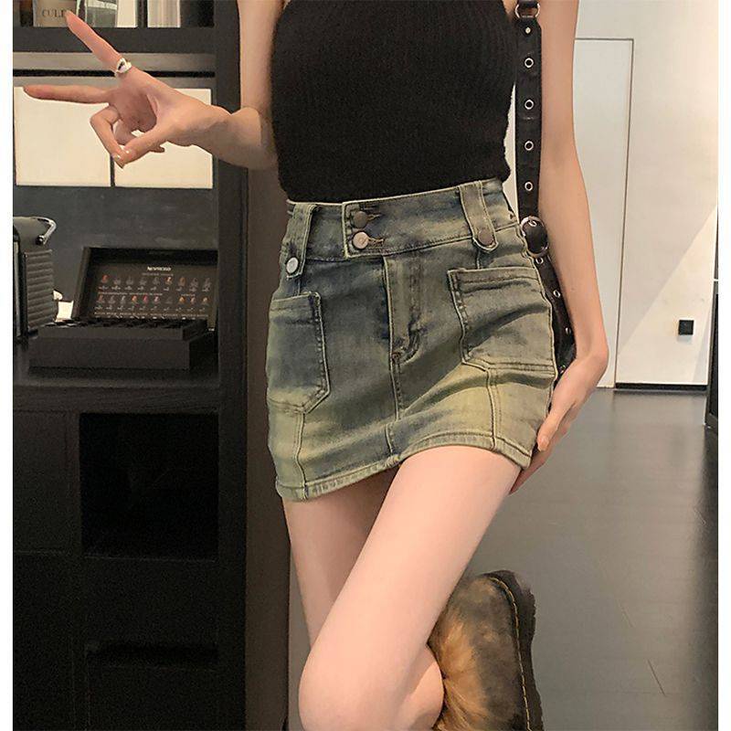 Chân Váy Jeans Lưng Cao Phong Cách Retro Cho Nữ