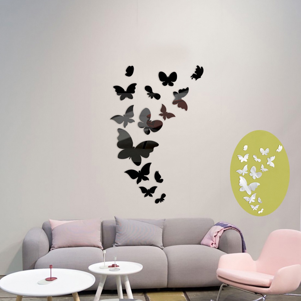 Set 14 Miếng Dán Tường Tráng Gương Acrylic Hình Bướm 3D DIY