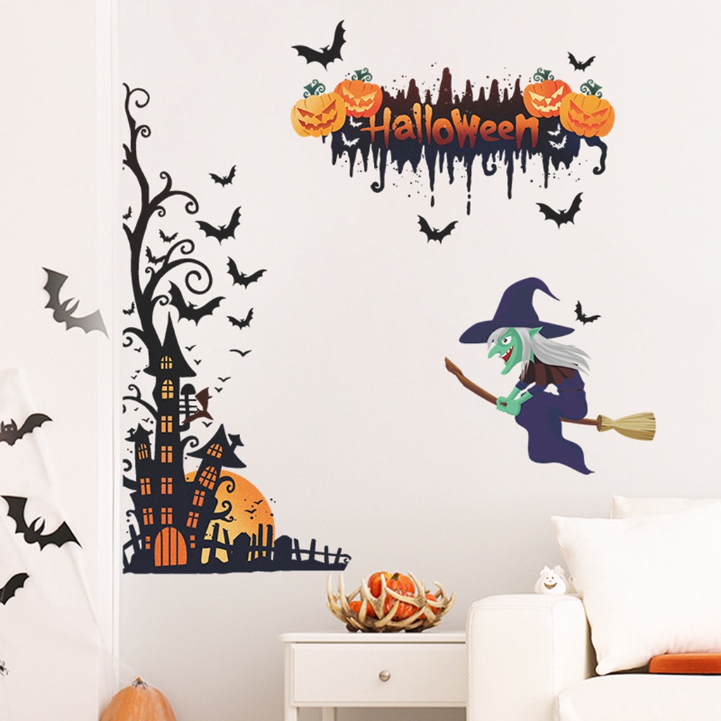 (Bất Ngờ) Hình Dán Tường Tự Dính Bắt Mắt Bằng PVC Chống Thấm Nước Phù Thủy Bí Ngô Halloween Trang Trí Phòng Khách
