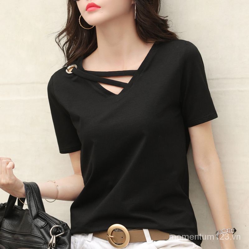 Áo Thun Cotton Tay Ngắn Cổ Chữ V Dáng Rộng Màu Trắng Đen Thời Trang Mùa Hè 2023 Phong Cách Hàn Quốc Cho Nữ