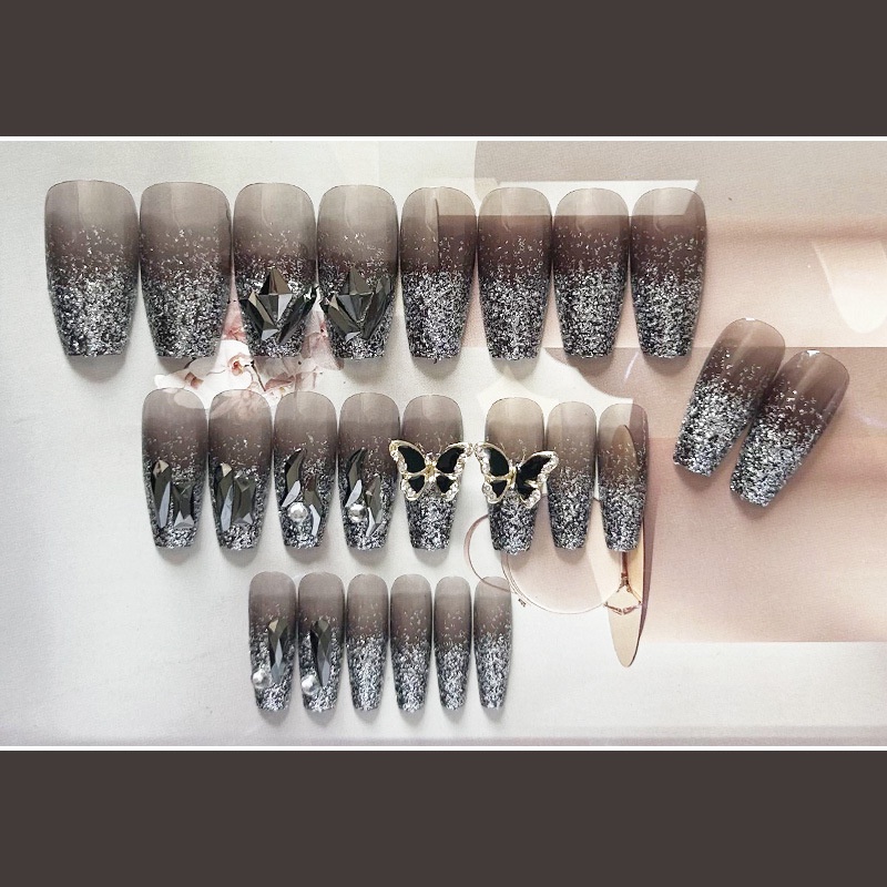 Móng Tay Giả Dài Bán Thủ Công Hình Bướm Màu Tối