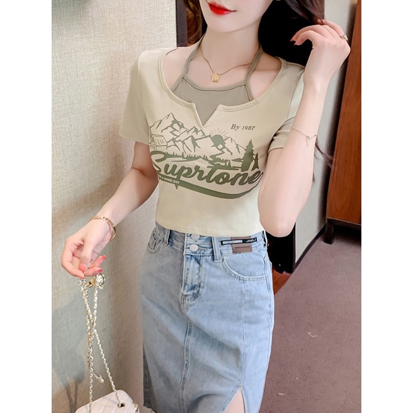 Áo Thun Ngắn Tay Giả Hai Lớp Phong Cách Mới Cho Nữ