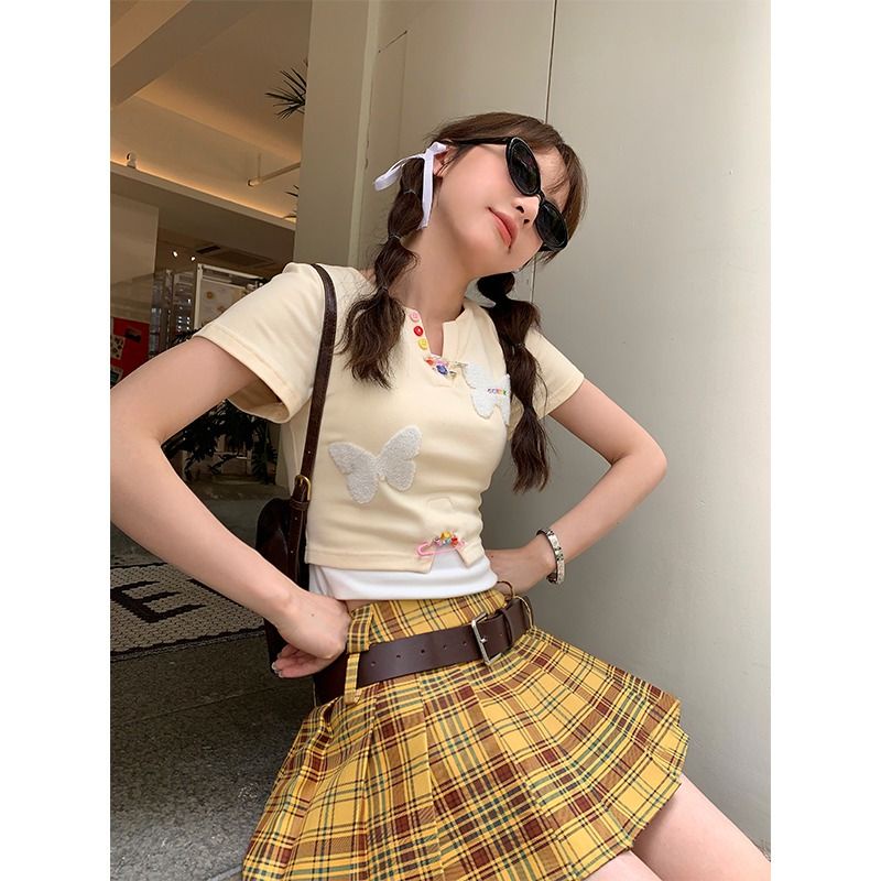 Áo Thun Tay Ngắn Giả Hai Lớp Dáng Ôm Họa Tiết Bướm Dễ Thương Thời Trang Mùa Hè