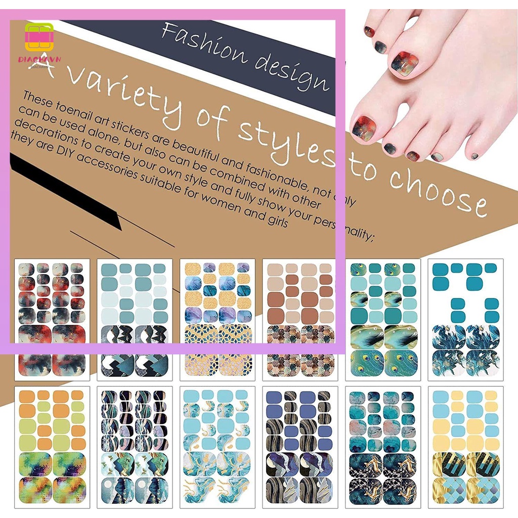 DIACHAVN Tấm 22 Miếng Dán Móng Chân Chống Nước Che Phủ Toàn Diện Họa Tiết Đá Hoa Cương Dành Cho Bạn Nữ