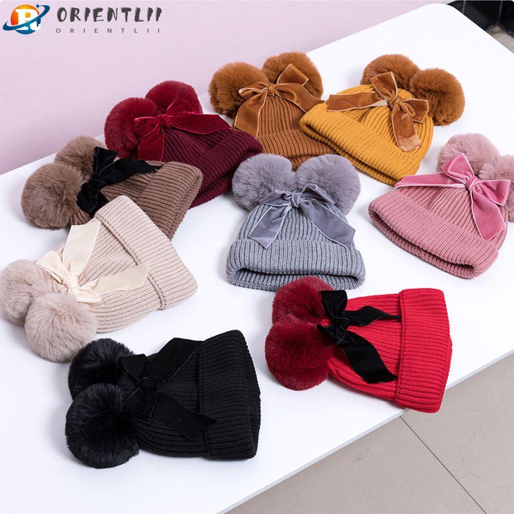 ORIENTLII Mũ Len Đính Hai Quả Bông Dễ Thương