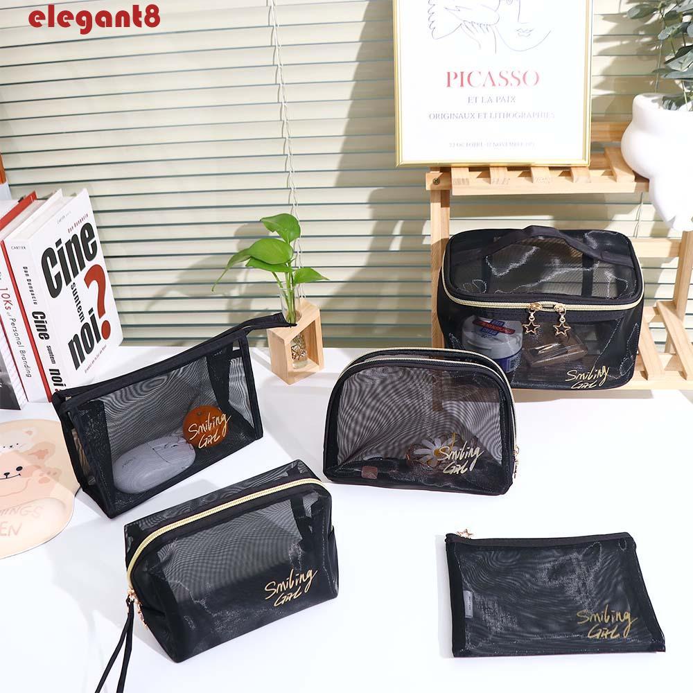 ELEGANT Túi Lưới Đựng Đồ Trang Điểm Màu Đen Sức Chứa Lớn Tiện Lợi Dễ Sử Dụng Dành Cho Nữ