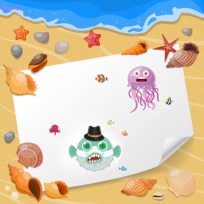 Set 1 &gt; 8 Miếng Dán Xếp Hình Mặt Động Vật Biển / Cá Mập / Bạch Tuộc Giáo Dục Sớm Cho Bé DIY