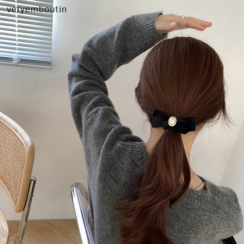 Dây Buộc Tóc Cao Su Co Giãn Bọc Vải Nhung Màu Đen Đính Hạt Ngọc Trai Đơn Giản