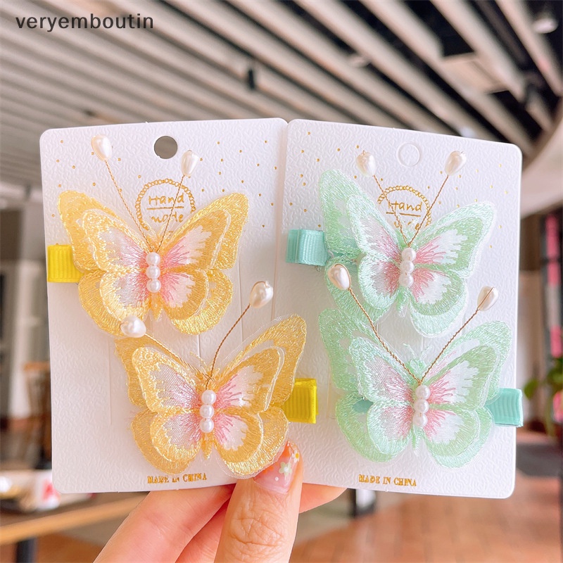 1 Cặp Kẹp Tóc Thêu Hình Bươm Bướm Đính Ngọc Trai Xinh Xắn Cho Bé Gái