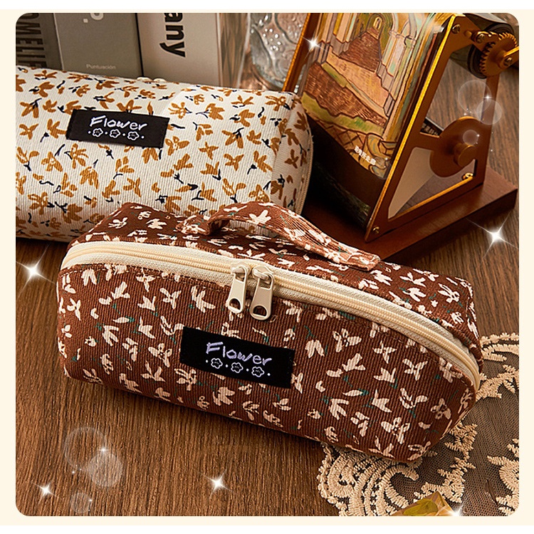 Hộp Đựng Bút Nhung Tăm Hoạ Tiết Hoa Vintage- Sức Chứa Lớn