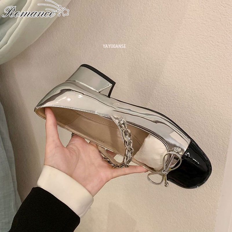 Giày Búp Bê Mũi Vuông Đế Dày Đính Nơ 2 Màu Sắc Phối Dây Xích Thời Trang Cho Nữ