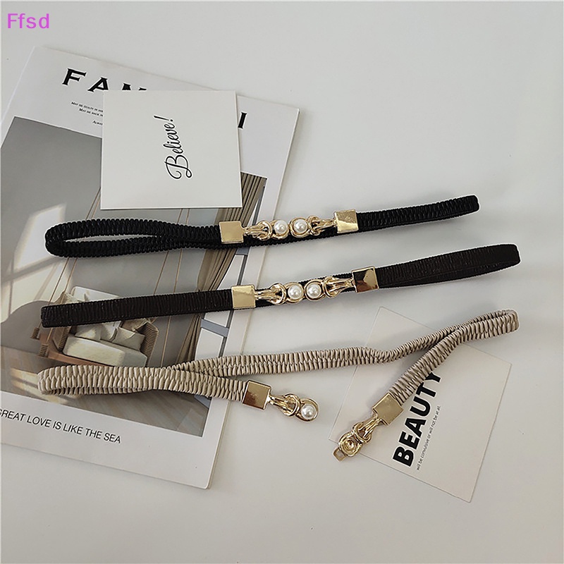 Thắt Lưng Dây Mảnh Co Giãn Màu Đen Đính Hạt Ngọc Trai Thanh Lịch Cho Nữ