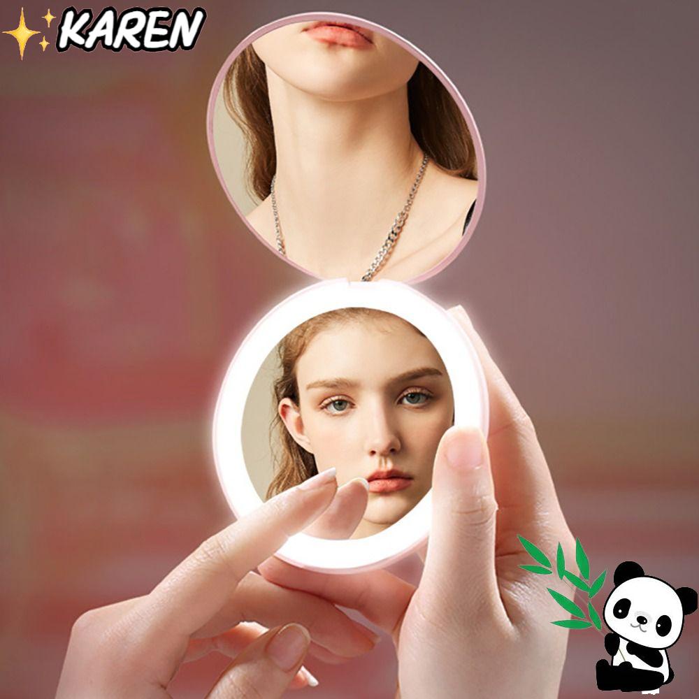 KAREN Gương Trang Điểm Gấp Gọn Bỏ Túi Có Đèn Led Phóng Đại 1x / 10x 2x