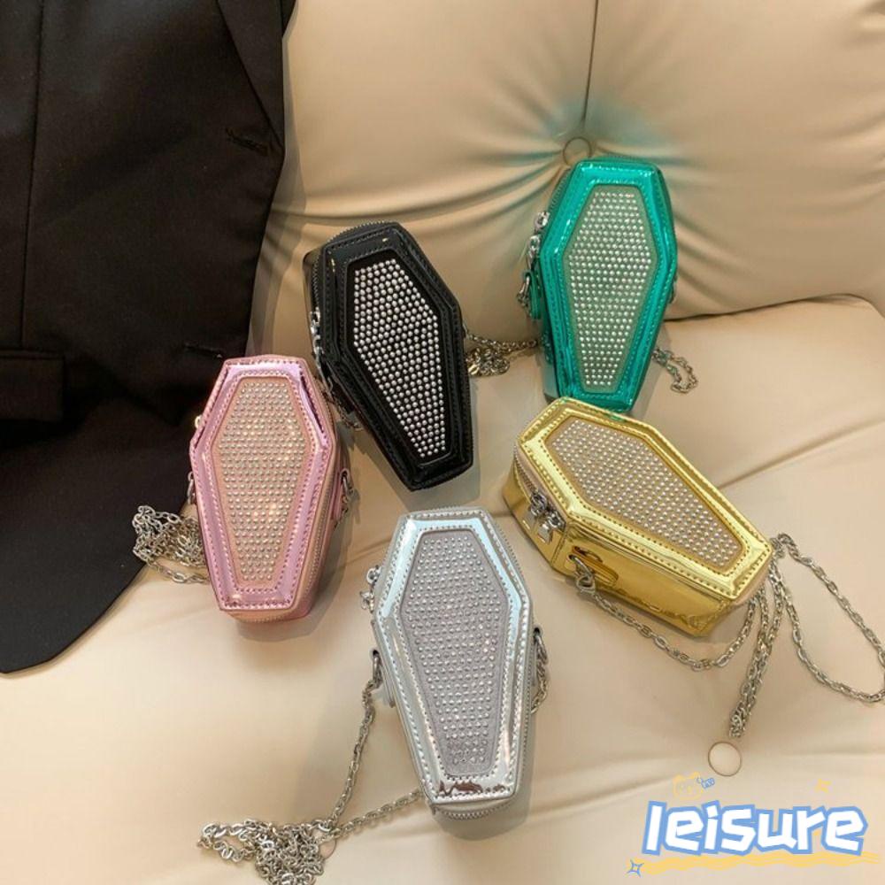 LEISURE Túi Đeo Chéo Da Pu Hình Quan Tài Đính Đá Phong Cách Gothic Thời Trang Cho Nữ