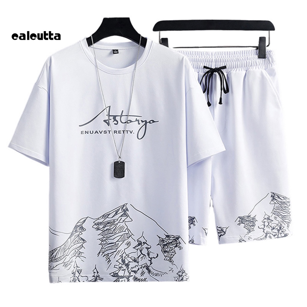 Set Đồ Thể Thao 2 Món Gồm Áo Thun Tay Ngắn Cổ Tròn + Quần Short Dáng Rộng Phối Dây Rút Co Giãn In Họa Tiết Núi