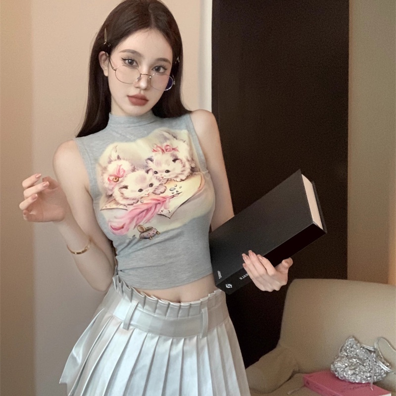 Cozok Áo Sát Nách Dáng Ôm Cổ Bán Nguyệt in Họa Tiết Chú Mèo Thời Trang Quyến Rũ Cho Nữ