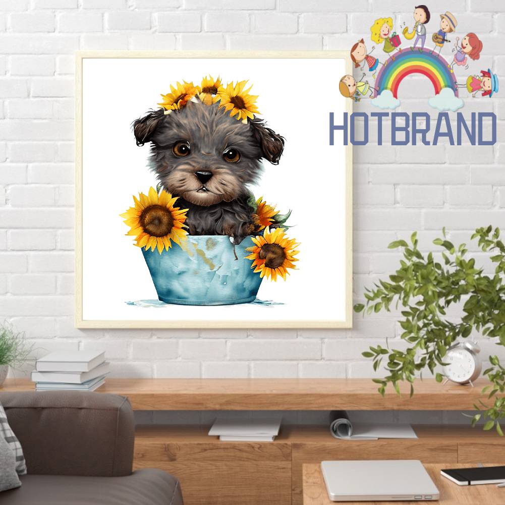 Tranh Đính Đá Kim Cương Toàn Bộ 5D DIY Hình Vẽ Chó Và Hoa Hướng Dương