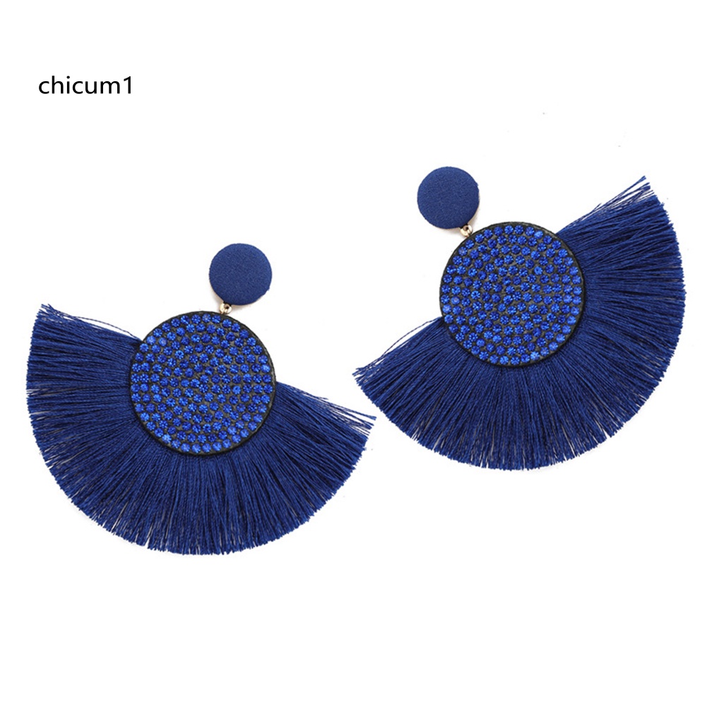 Khuyên Tai Hình Quạt Đính Đá Tua Rua Phong Cách Bohemian