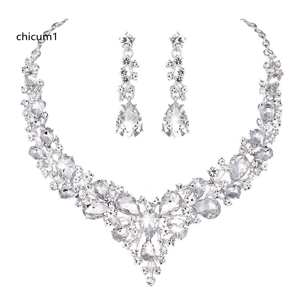 1 Set Vòng cổ Nối Dài Bông Tai Đính Đá Giả Kim Cương Lấp Lánh Cho Nữ