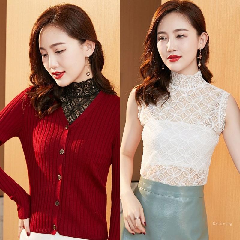 Áo Ren Không Tay Cổ Rùa Màu Trơn Thêu Hoa Đính Đá Có Thể Tháo Rời Màu Sắc Xinh Xắn Dành Cho Nữ