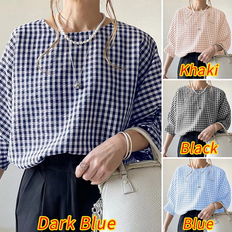 ZANZEA Áo Cánh Dơi 3 / 4 Hở Lưng Họa Tiết Sọc Caro Thời Trang Cho Nữ