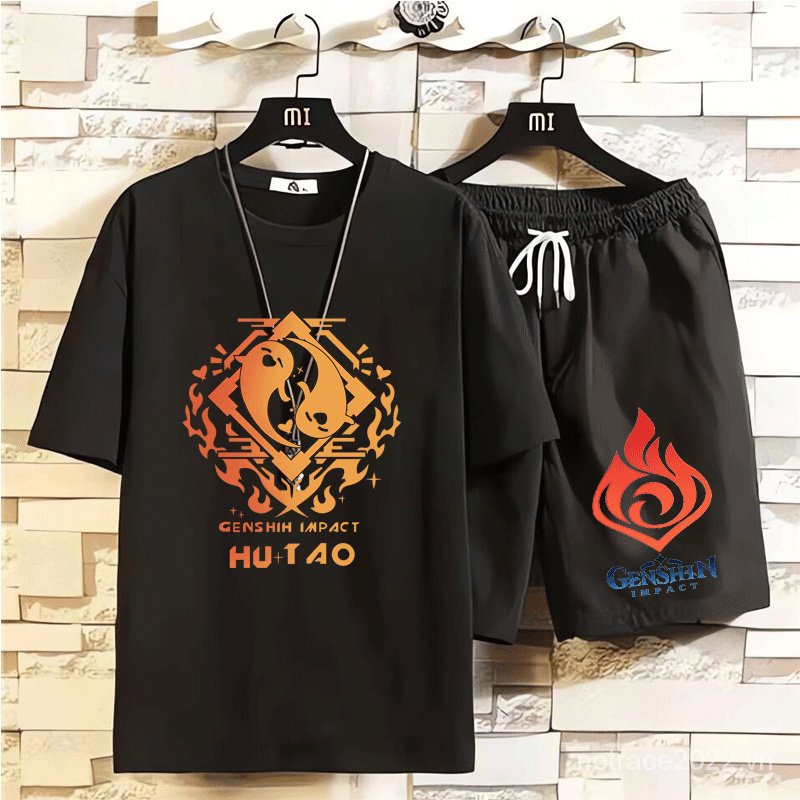 ★Genshin Impact★Hutao & Zhongli & Raiden Shogun Merchandise Set Áo Thun Ngắn Tay Và Quần Short Giản Dị Dành Cho Học Sinh