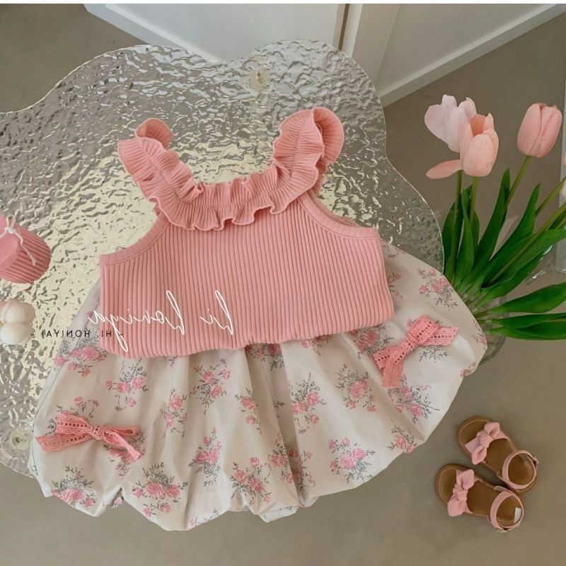 Áo Hai Dây Mùa Hè Nhỏ Màu Trơn Cổ Ren Cho Bé Gái