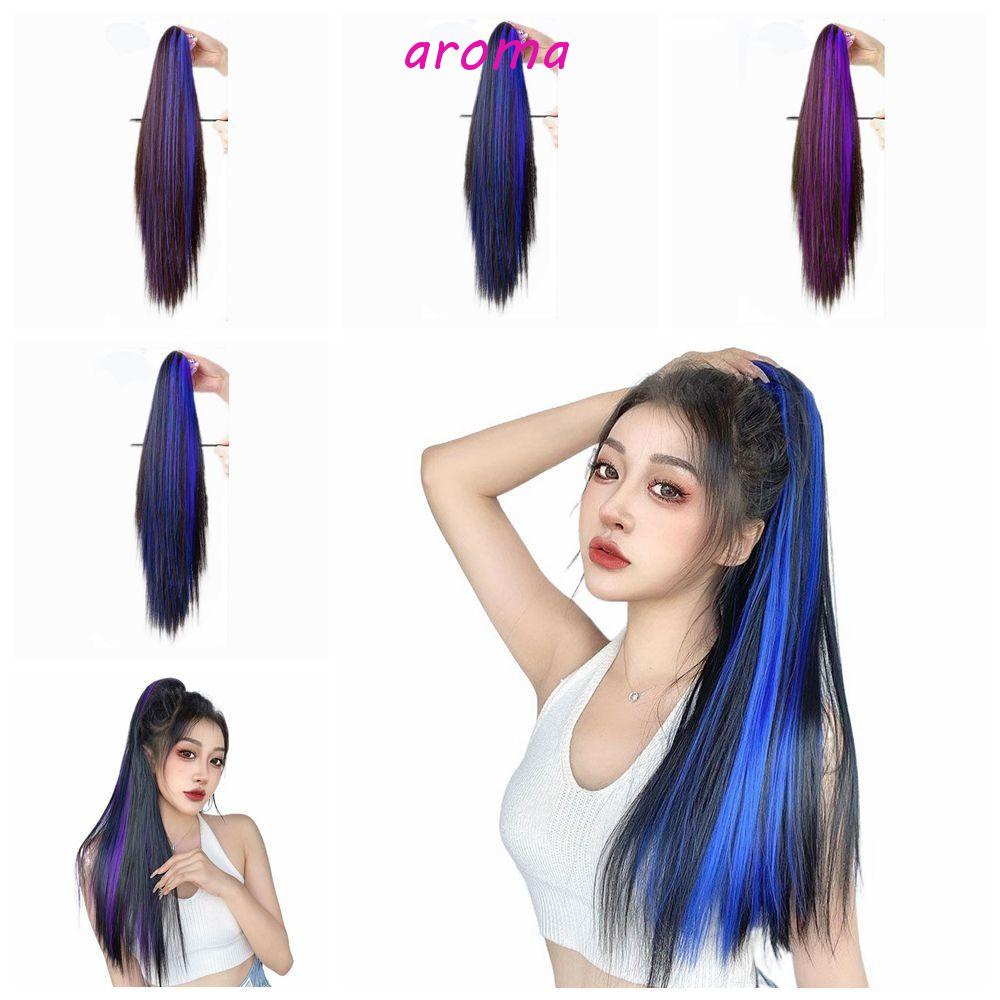 AROMA Kẹp Tóc Đuôi Ngựa Thẳng Dài Màu Tím / Xanh Dương Tự Nhiên Cách Nhiệt Thời Trang Cho Nữ