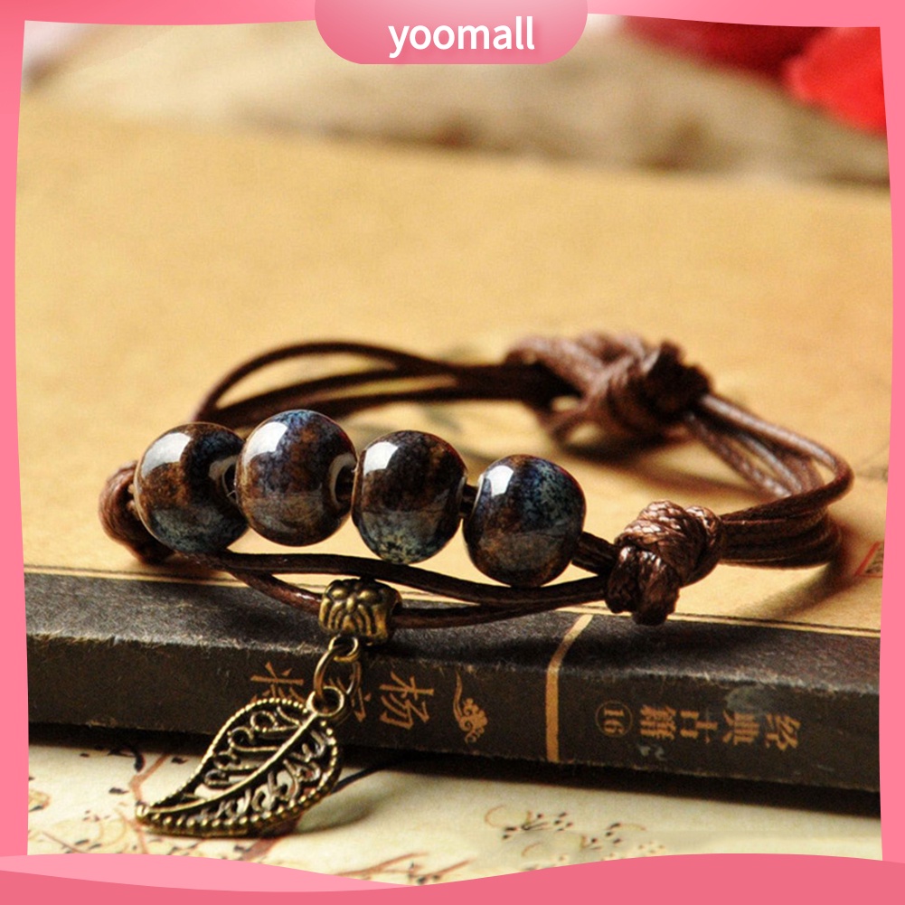 [YM] Vòng Tay Hạt Gốm Hình Mèo Lá Phong Cách Dân Tộc Làm Quà Tặng Trang Sức Cho Nữ