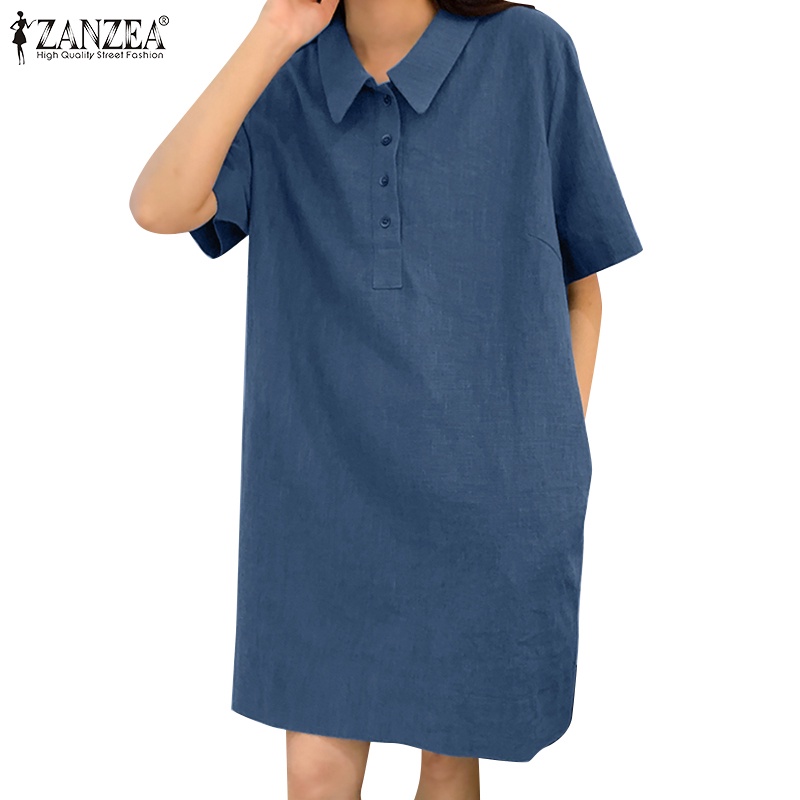 Đầm nữ ZANZEA tay ngắn màu trơn phong cách Hàn Quốc