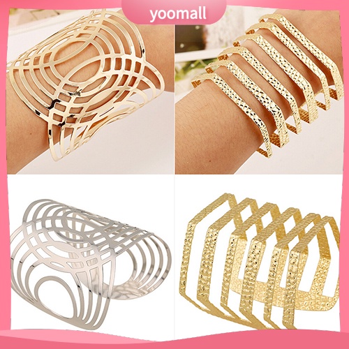 [YM] Hot Vòng Tay Dạng Hở Họa Tiết Hình Học Rỗng Màu Vàng / Bạc Phong Cách Punk Thời Trang Unisex