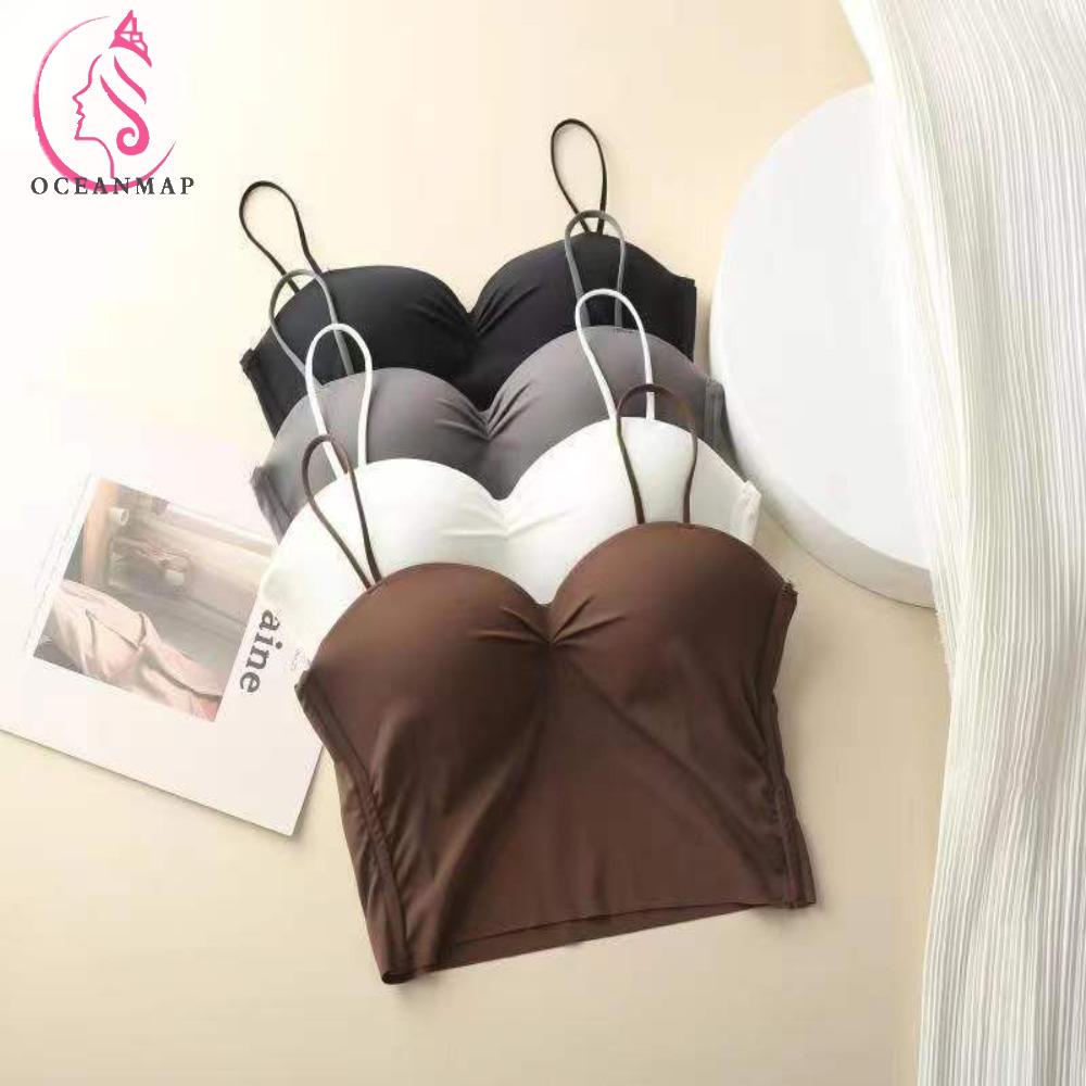 OCEANMAP Áo Lót Lụa Không Đường May Hở Lưng Màu Trơn Thời Trang Cho Nữ