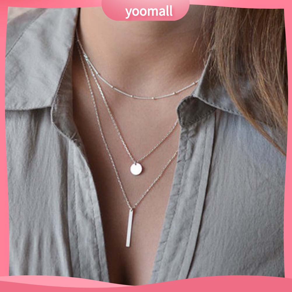 [YM] Vòng cổ Dài 3 Lớp Mặt Thanh Tròn Thời Trang Dự Tiệc Dành Cho Nữ