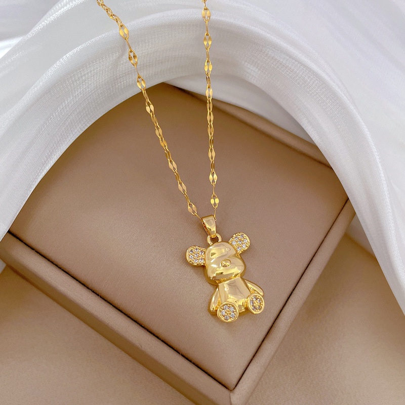 Dây Chuyền Thép Titan Nhẹ Hình Gấu Đính Kim Cương Dễ Thương Đẹp Mắt