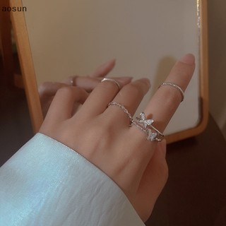 Aosun set 4 nhẫn hở màu bạc hình bướm thời trang cá tính có thể điều chỉnh dành cho nữ