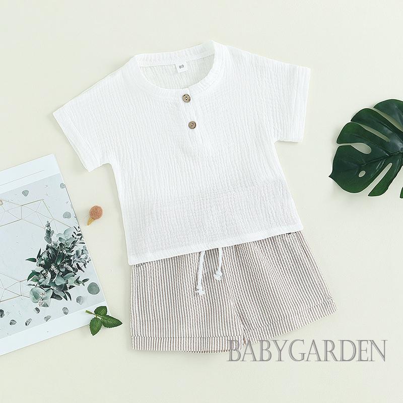 Set Đồ 2 Món Gồm Áo Sơ Mi Tay Ngắn Màu Trơn Cài Nút + Quần Ngắn Dây Rút Thời Trang Cho Bé Trai 6 Tháng-4 Tuổi