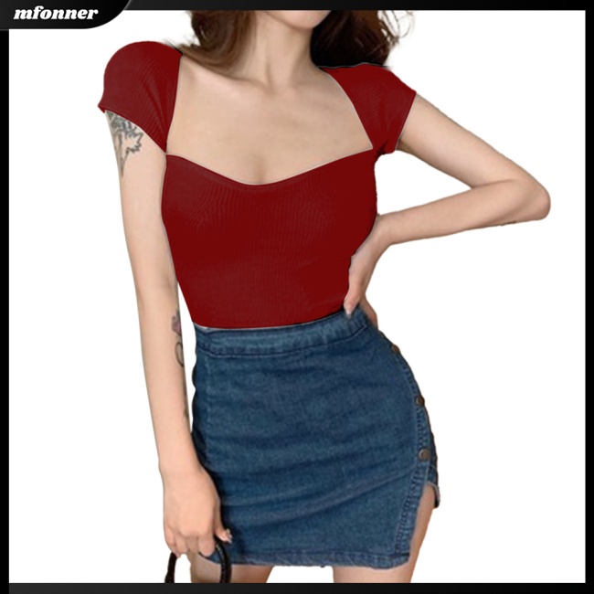 Áo Croptop Dệt Kim Tay Ngắn Cổ Vuông Màu Sắc Đơn Giản Cho Nữ