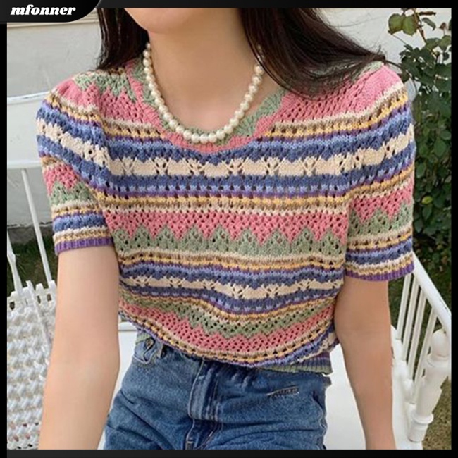 Áo Dệt Kim Ngắn Tay Cổ Tròn Họa Tiết Kẻ Sọc Màu Sắc Tương Phản Thời Trang Mùa Hè Cho Nữ