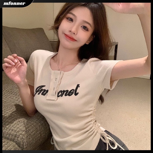 Áo Thun Tay Ngắn Cổ Tròn Phối Dây Rút Thời Trang Mùa Hè Quyến Rũ Cho Nữ