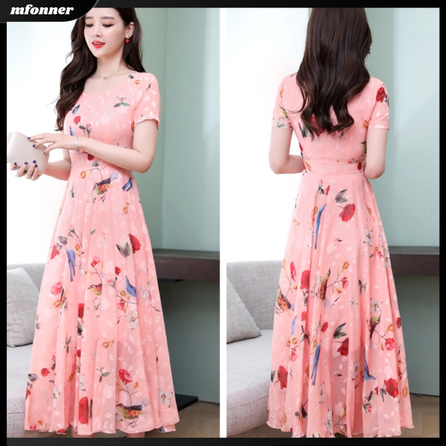 Đầm Dài Chữ A Tay Ngắn Eo Cao Bằng Lụa Lạnh Thời Trang Mùa Hè Dành Cho Bạn Nữ